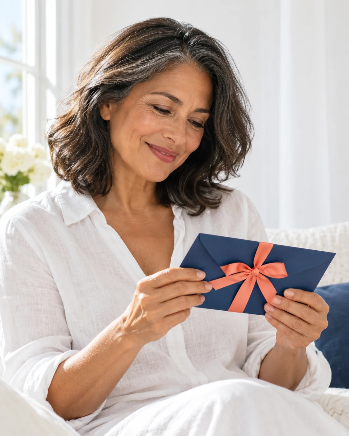 Conceptual image of an adult woman smiling as she holds a gift envelope
