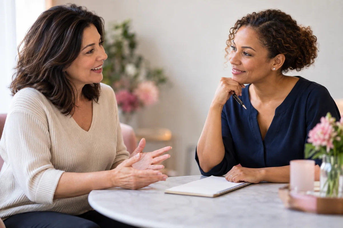 Illustrative image of two adults discussing care at a consultation