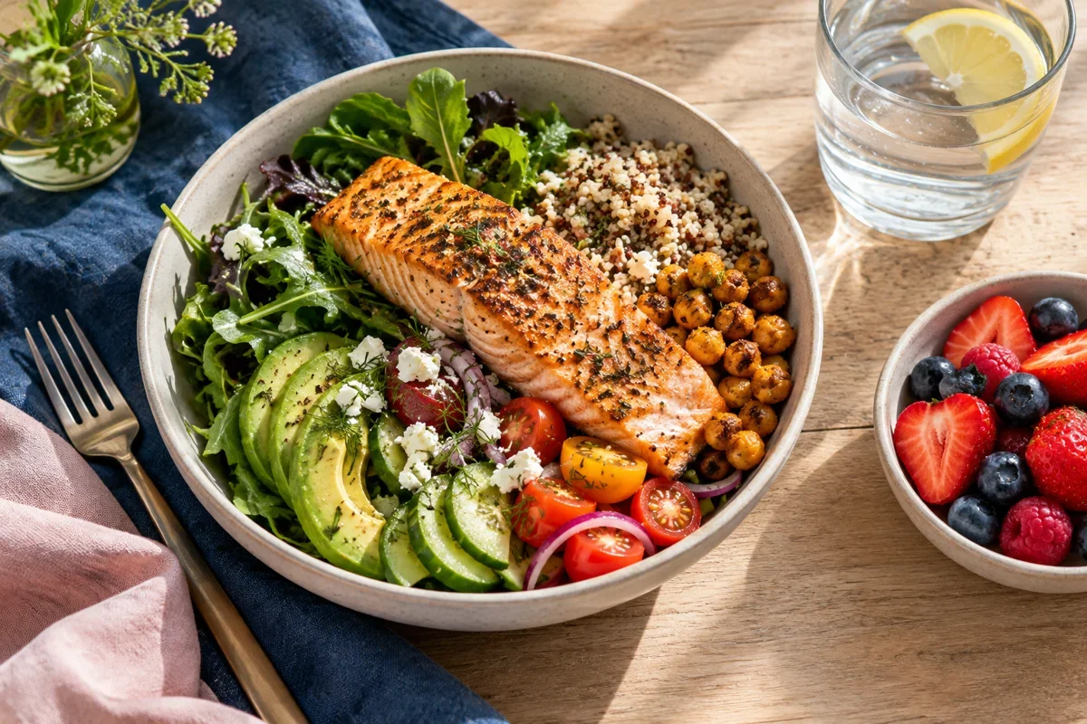 Illustrative meal with vegetables, protein, grains, berries and water