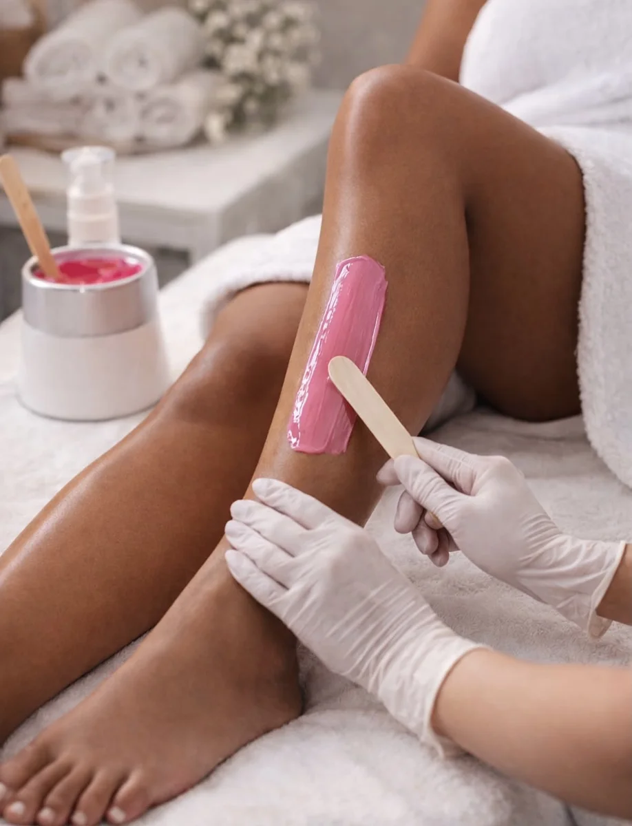 Wax being applied to a guest’s leg
