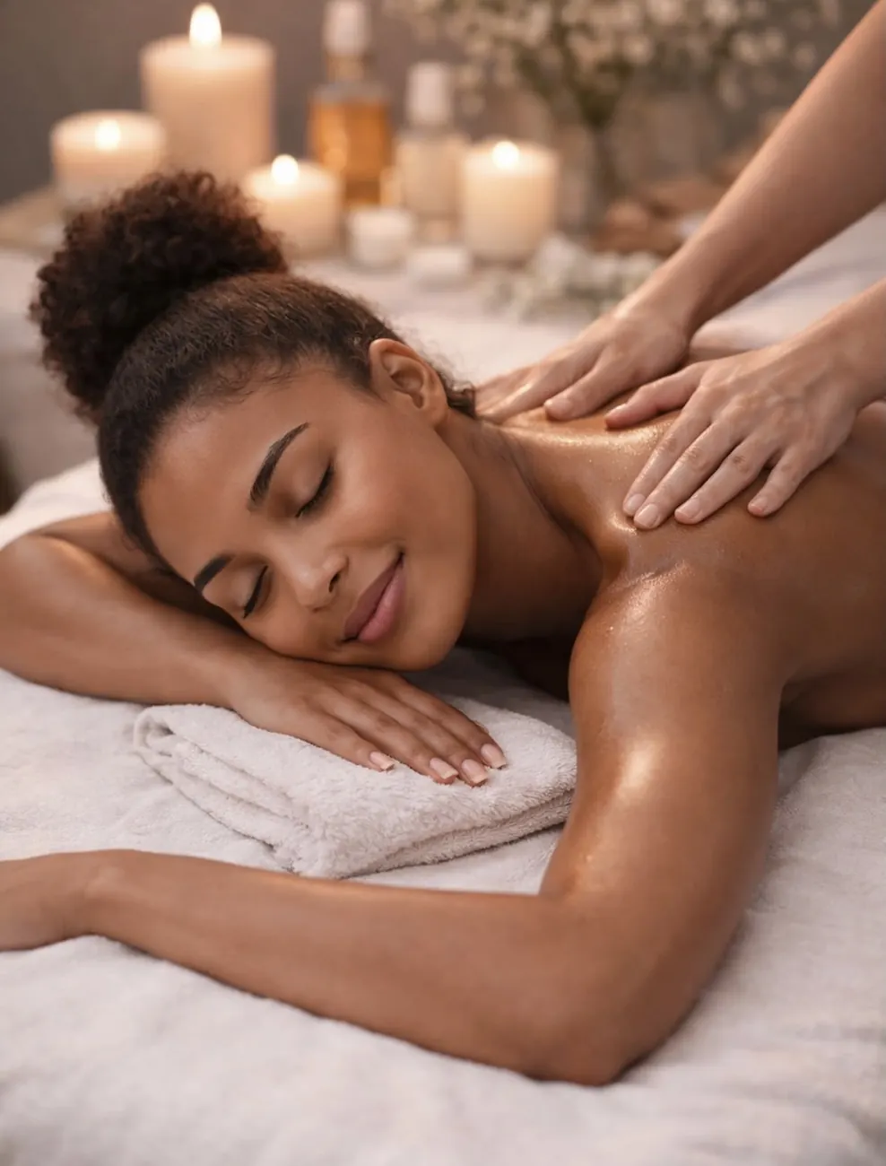 Illustrative photograph: Hands providing back massage to a reclining guest